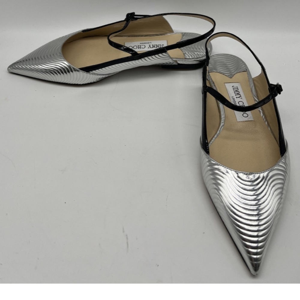 Jimmy Choo Silver Leather Pointed Toe Slingback Flat w/ Patent Anklestrap sz 36